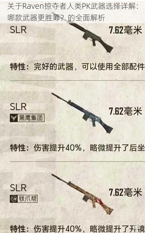 关于Raven掠夺者人类PK武器选择详解：哪款武器更胜筹？的全面解析