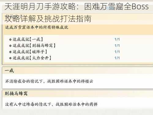 天涯明月刀手游攻略：困难万雪窟全Boss攻略详解及挑战打法指南